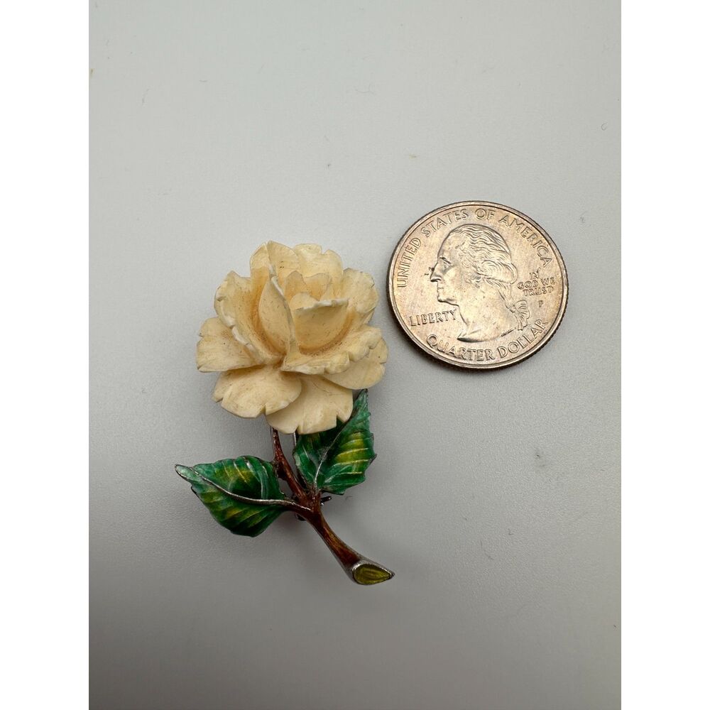 Vintage Carved Bone Rose Silver and Enamel Brooch - Picture 11 of 13